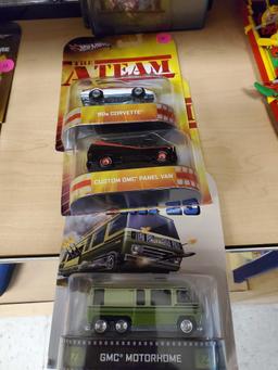 LOT OF 3 HOTWHEELS HOLLYWOOD, ATEAM 80S CORVETTE, CUSTOM GMC PANEL VAN. AND STRIPES GMC MOTORHOME,