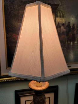 (RM1) TALL CANDLE STICK STYLE LAMP WITH WHITE BELL SHAPED SHADE. 37" TALL.