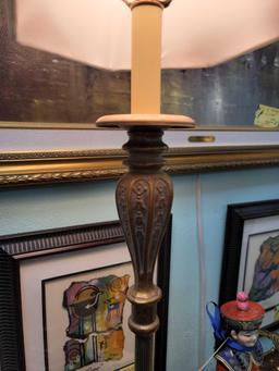 (RM1) TALL CANDLE STICK STYLE LAMP WITH WHITE BELL SHAPED SHADE. 37" TALL.