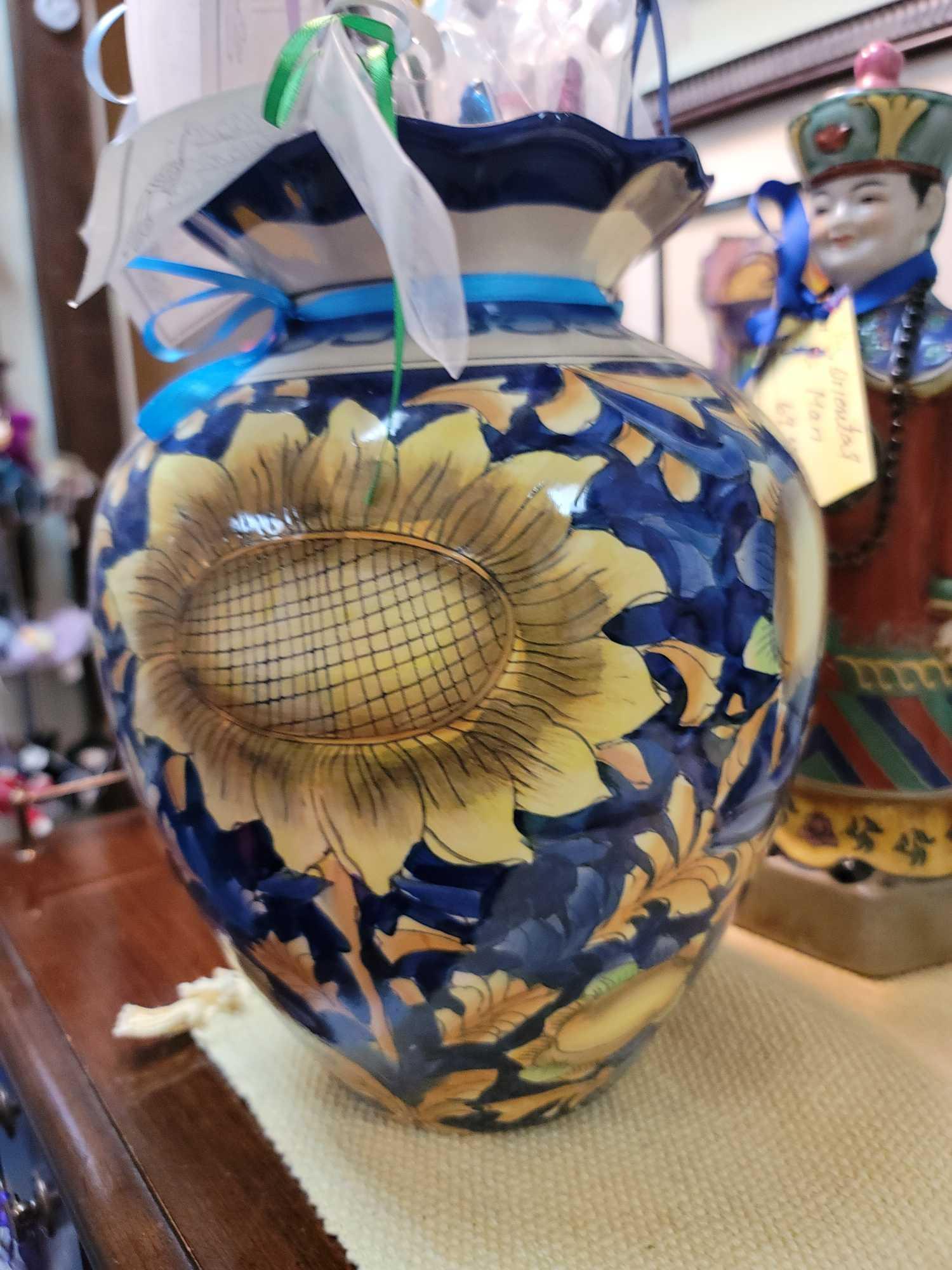 (RM1) BLUE AND YELLOW SUNFLOWER AND FRUIT VASE FILLED WITH 10 HANDMADE PAPER MAGIC WANDS-