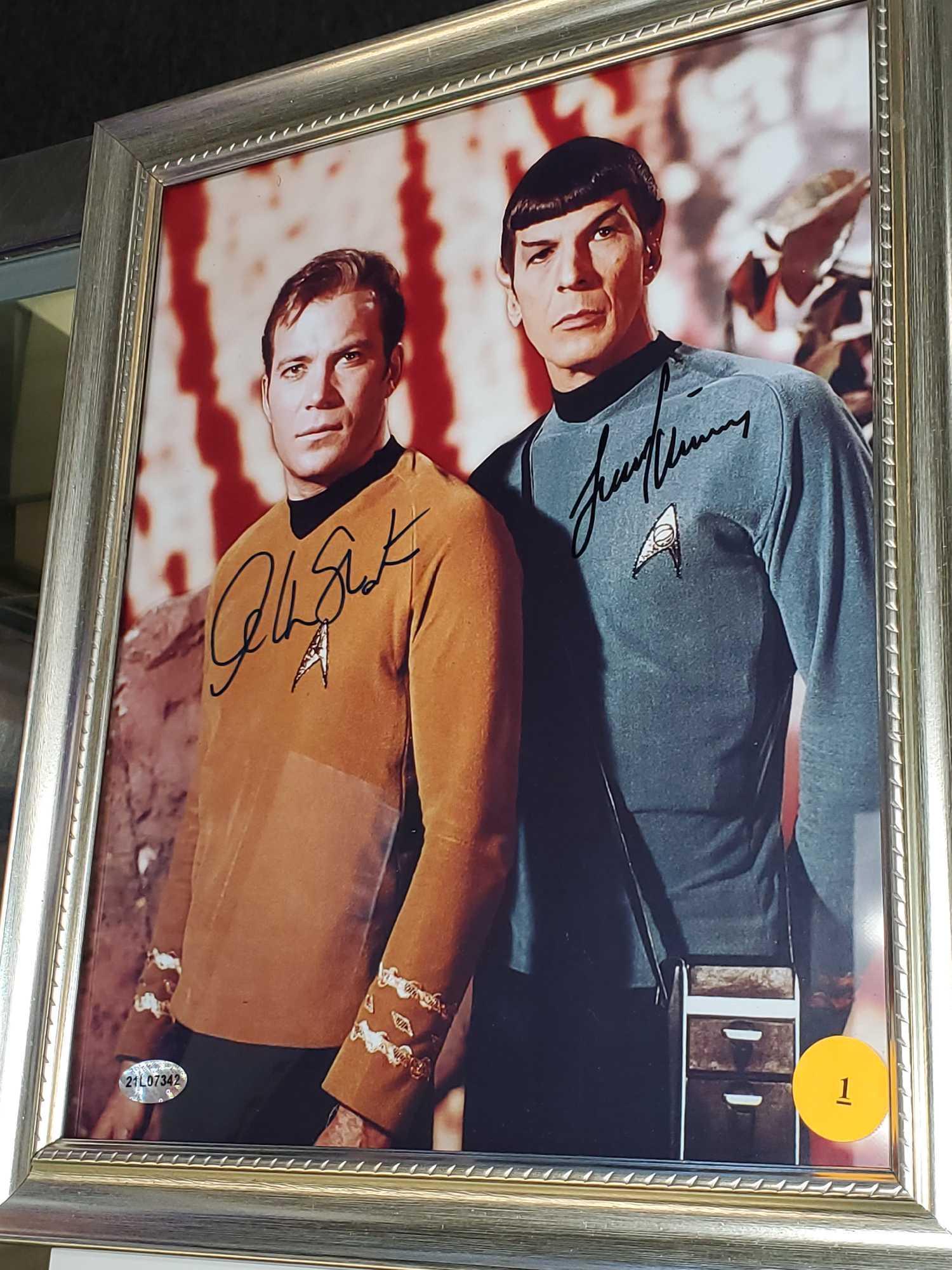 SIGNED STAR TREK MEMORBILIA CAST PHOTO PRINT, LEONARD NEEMOY AND WILLIAM SHATNER, FRAMED 9 1/2"L 11