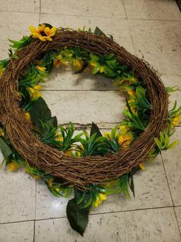 16"D SPRING/SUMMER WREATH, YELLOW AND GREEN, PLEASE SEE THE PICTURES FOR MORE INFORMATION.