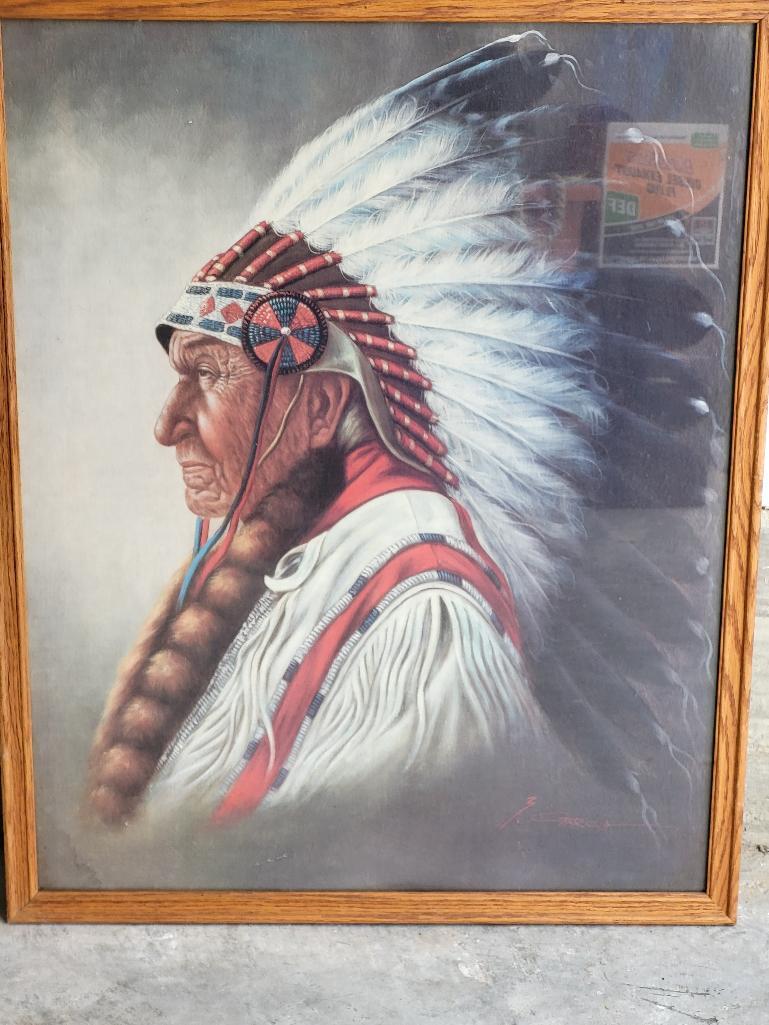 INDIAN FULL CHIEF SIGNED PAINTING WITH WOOD FRAMED. SIGNED BY ? GARCIA. MEASURES APPROX. 24" W X 30"