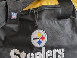 PITTSBURGH STEELERS DUFFLE BAG WITH COOLER SECTION ON THE SIDE. GREAT FOR TAILGATING. IS SOLD AS IS