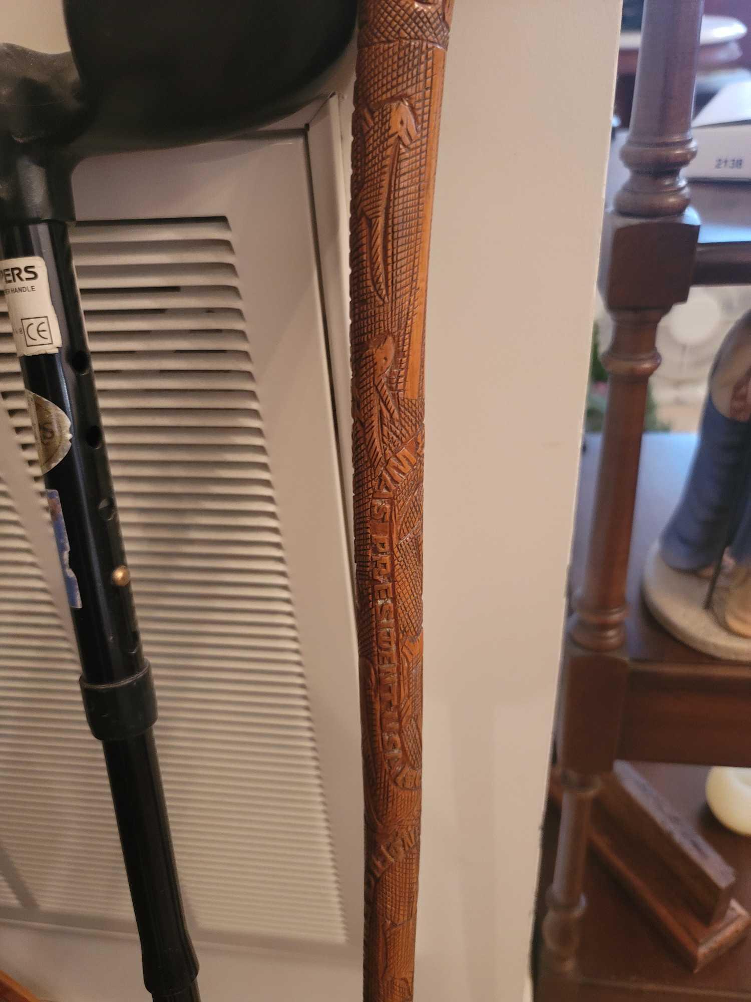 (DR) LOT OF 3 ASSORTED CANES. INCLUDES 2 A CARVED WOODEN CANE WITH NAMES OF U.S. PRESIDENTS, A BLACK