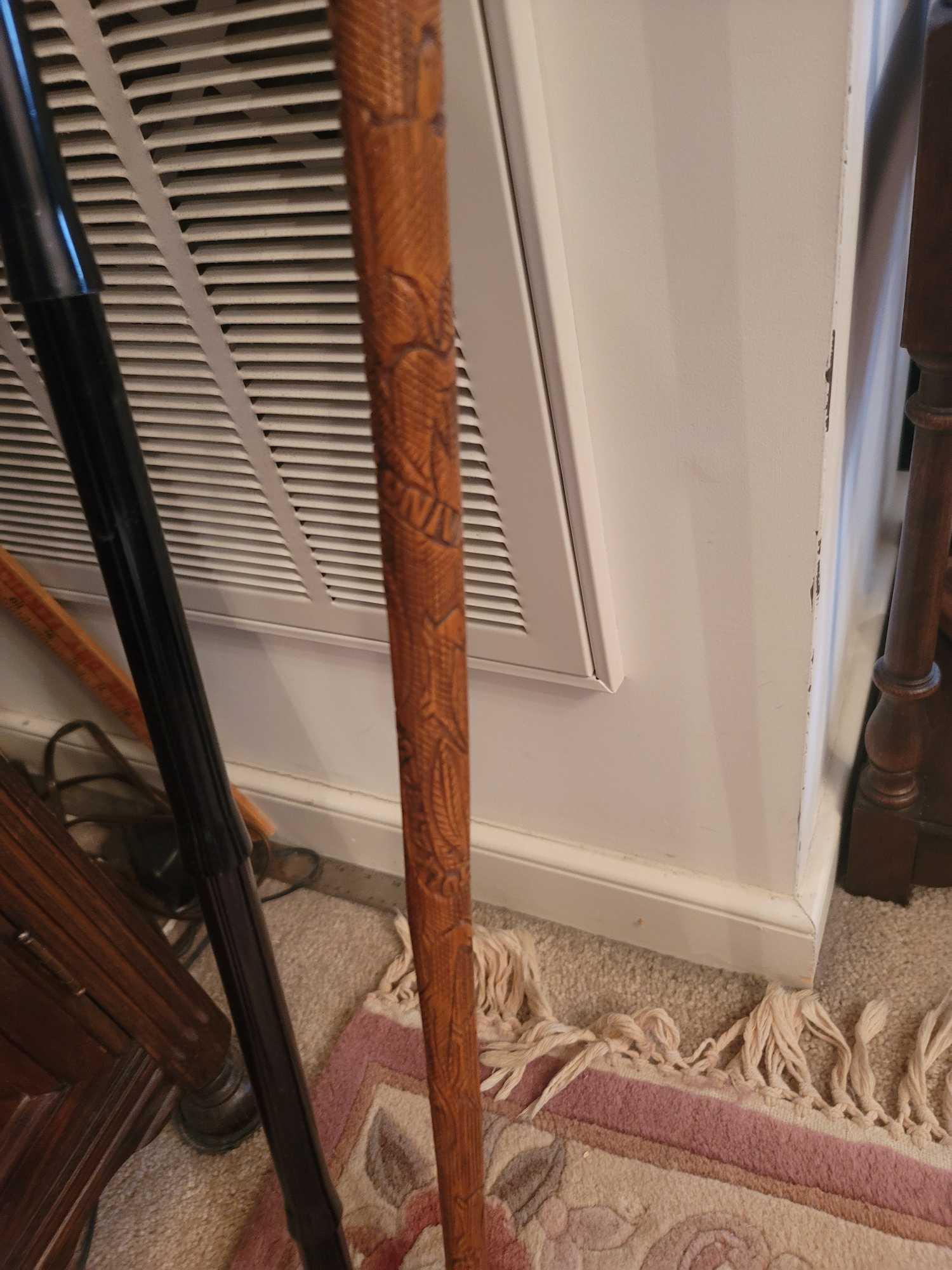 (DR) LOT OF 3 ASSORTED CANES. INCLUDES 2 A CARVED WOODEN CANE WITH NAMES OF U.S. PRESIDENTS, A BLACK