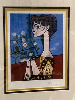 Framed Print of Pablo Picasso, Jacqueline with Roses 1956, Triple Matted, Measuring Approximately 16