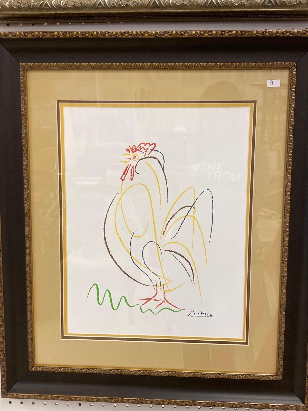 Framed Vintage Pablo Picasso "Le Coq" The Rooster Screen Print Reproduction, Triple Matte Measuring