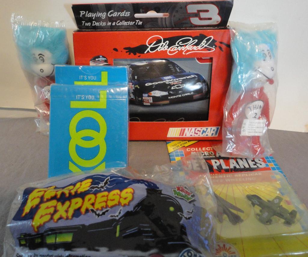 LOT OF ASSORTED MEMORABILIA ? 2 DECKS OF DALE EARNHARDT PLAYING CARDS, WENDY?S TOY, 2 DECKS KOOL