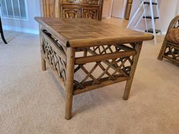 (LR) VINTAGE RATTAN END TABLE WITH WOVEN RATTAN SIDES & BACK/FRONT. IT MEASURES APPROX. 28"L X 20"W