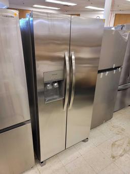 FRIGIDAIRE 33" 22.3 CU. FT. SIDE BY SIDE STAINLESS STEEL REFRIGERATOR WITH ICE MAKER. IT MEASURES