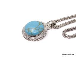 .925 STERLING SILVER SPIGA STERLING CHAIN NECKLACE WITH LARGE SILVER-TONE FAUX. TURQUOISE PENDANT