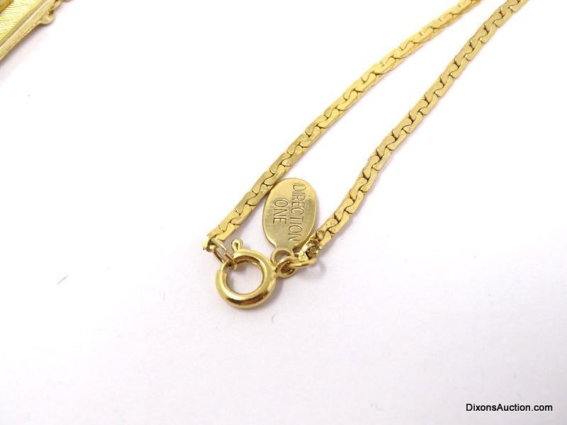 VINTAGE DIRECTION ONE GOLD TONE SQUARE GEOMETRIC PENDANT NECKLACE WITH TASSELS. IT MEASURES APPROX.