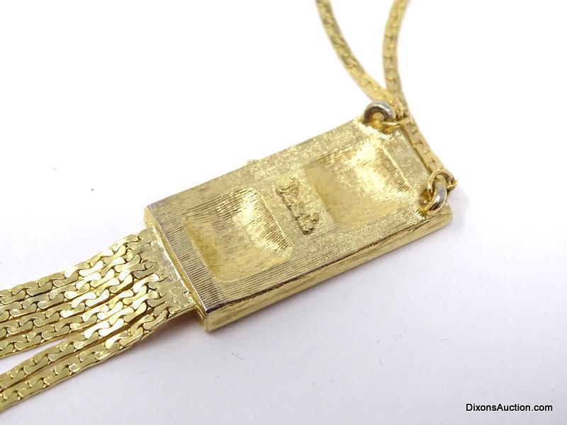 VINTAGE DIRECTION ONE GOLD TONE SQUARE GEOMETRIC PENDANT NECKLACE WITH TASSELS. IT MEASURES APPROX.