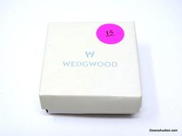 WEDGEWOOD BLUE & WHITE HEART BROOCH IN THE ORIGINAL BOX. IT MEASURES APPROX. 1-1/2" X 1-1/2".