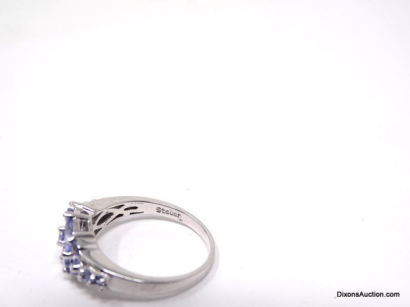 STAUER .925 STERLING SILVER & TANZANITE RING. FEATURES VARIOUS SIZED MARQUISE CUT TANZANITES IN A