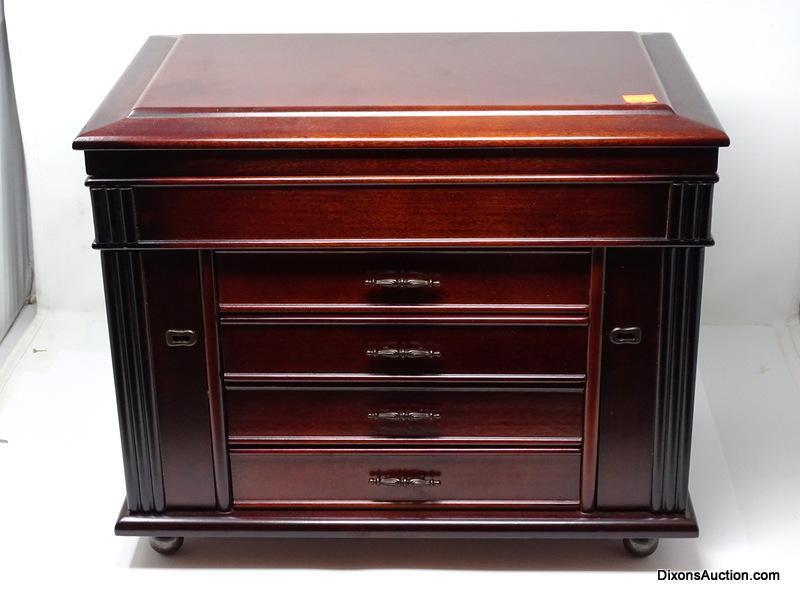 DARK STAINED LIFT TOP FOUR DRAWER JEWELRY CHEST WITH SIDES THAT OPEN. THE LIFT TOP OPENS UP TO A