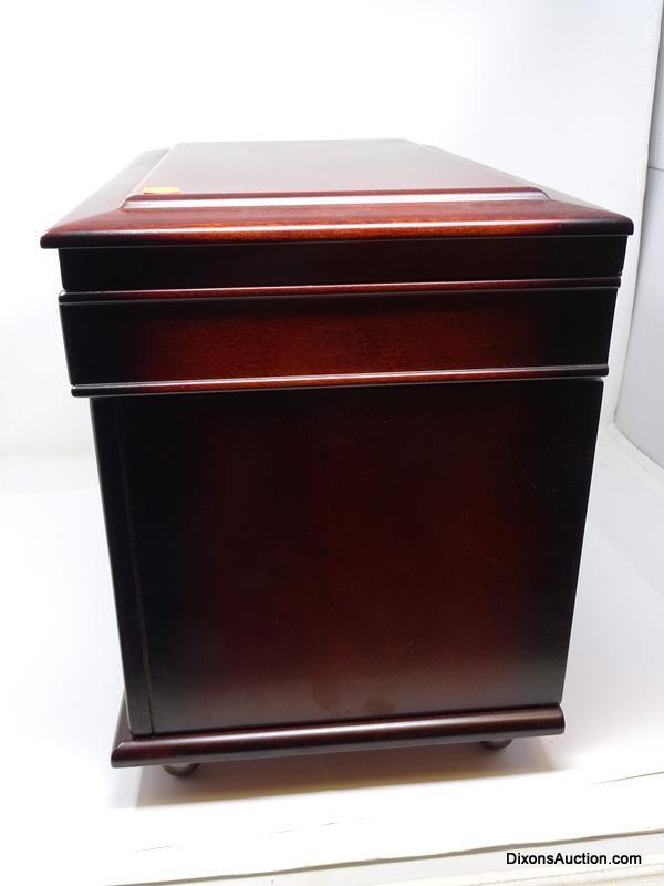 DARK STAINED LIFT TOP FOUR DRAWER JEWELRY CHEST WITH SIDES THAT OPEN. THE LIFT TOP OPENS UP TO A