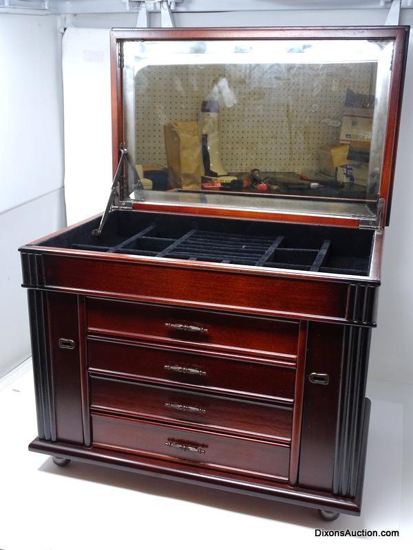 DARK STAINED LIFT TOP FOUR DRAWER JEWELRY CHEST WITH SIDES THAT OPEN. THE LIFT TOP OPENS UP TO A