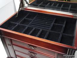 DARK STAINED LIFT TOP FOUR DRAWER JEWELRY CHEST WITH SIDES THAT OPEN. THE LIFT TOP OPENS UP TO A