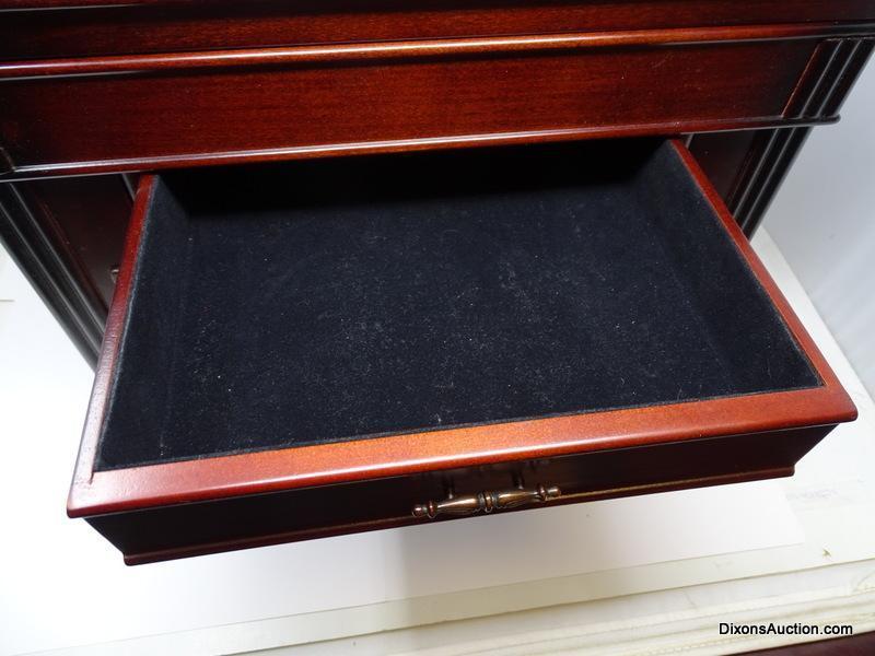 DARK STAINED LIFT TOP FOUR DRAWER JEWELRY CHEST WITH SIDES THAT OPEN. THE LIFT TOP OPENS UP TO A