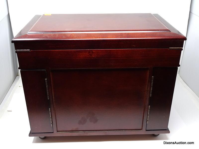 DARK STAINED LIFT TOP FOUR DRAWER JEWELRY CHEST WITH SIDES THAT OPEN. THE LIFT TOP OPENS UP TO A