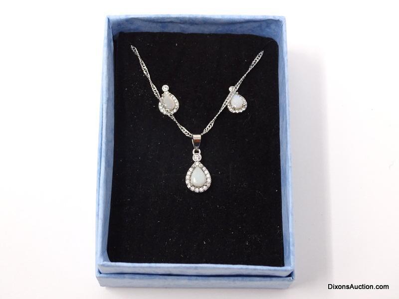 FANCY 3 PC. SILVER TONE NECKLACE & EARRING SET. INCLUDES A DIAMOND-CUT ROPE TWIST STYLE CHAIN WITH A