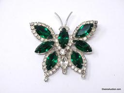 3 PC. VINTAGE RHINESTONE SEAT TO INCLUDE A GREEN & CLEAR RHINESTONE BUTTERFLY BROOCH WITH A PAIR OF
