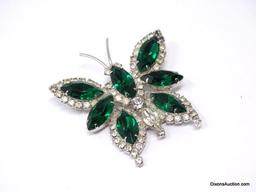 3 PC. VINTAGE RHINESTONE SEAT TO INCLUDE A GREEN & CLEAR RHINESTONE BUTTERFLY BROOCH WITH A PAIR OF