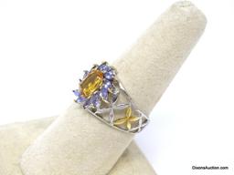 .925 AAA UNHEATED OVAL 8 X 6 VIOLET BLUE AFRICAN TANZANITE RING WITH RICH YELLOW FACETED CITRINE