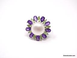 .925 AAA STUNNING 9-10 MM WHITE FRESHWATER PEARL WITH UNHEATED PERIDOT AND AMETHYST COCKTAIL RING.