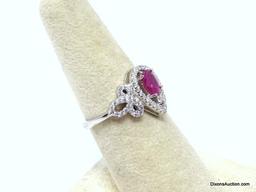 .925 AAA GORGEOUS 5 X 7MM PINK RED OVAL AFRICAN RUBY RING WITH SURROUNDING CZ'S. SIZE 7. NEW! SRP