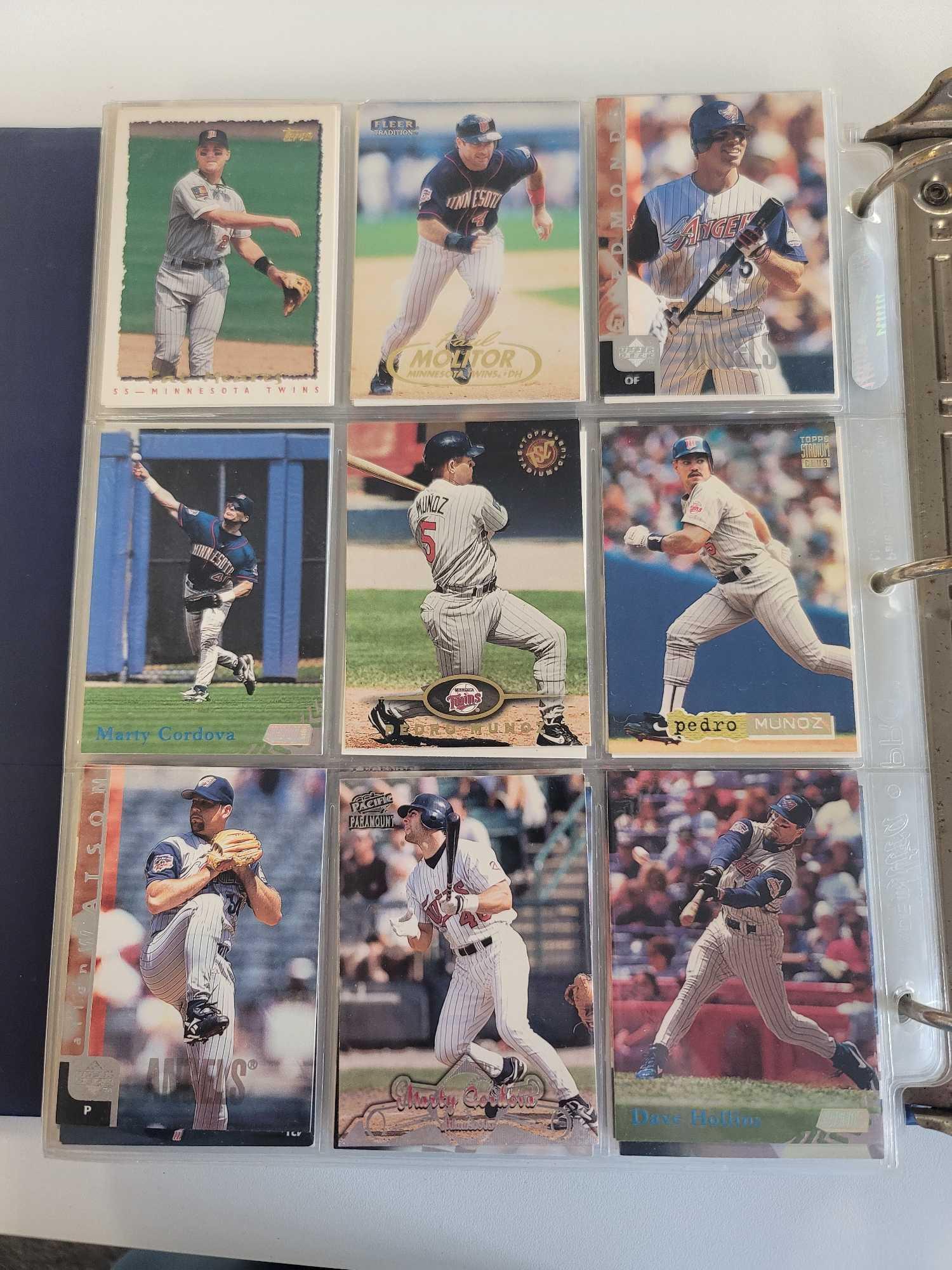 BLUE BINDER FULL OF ASSORTED MINNESOTA TWINS BASEBALL CARDS. ALL FROM THE 1980'S AND 1990'S. OVER 40