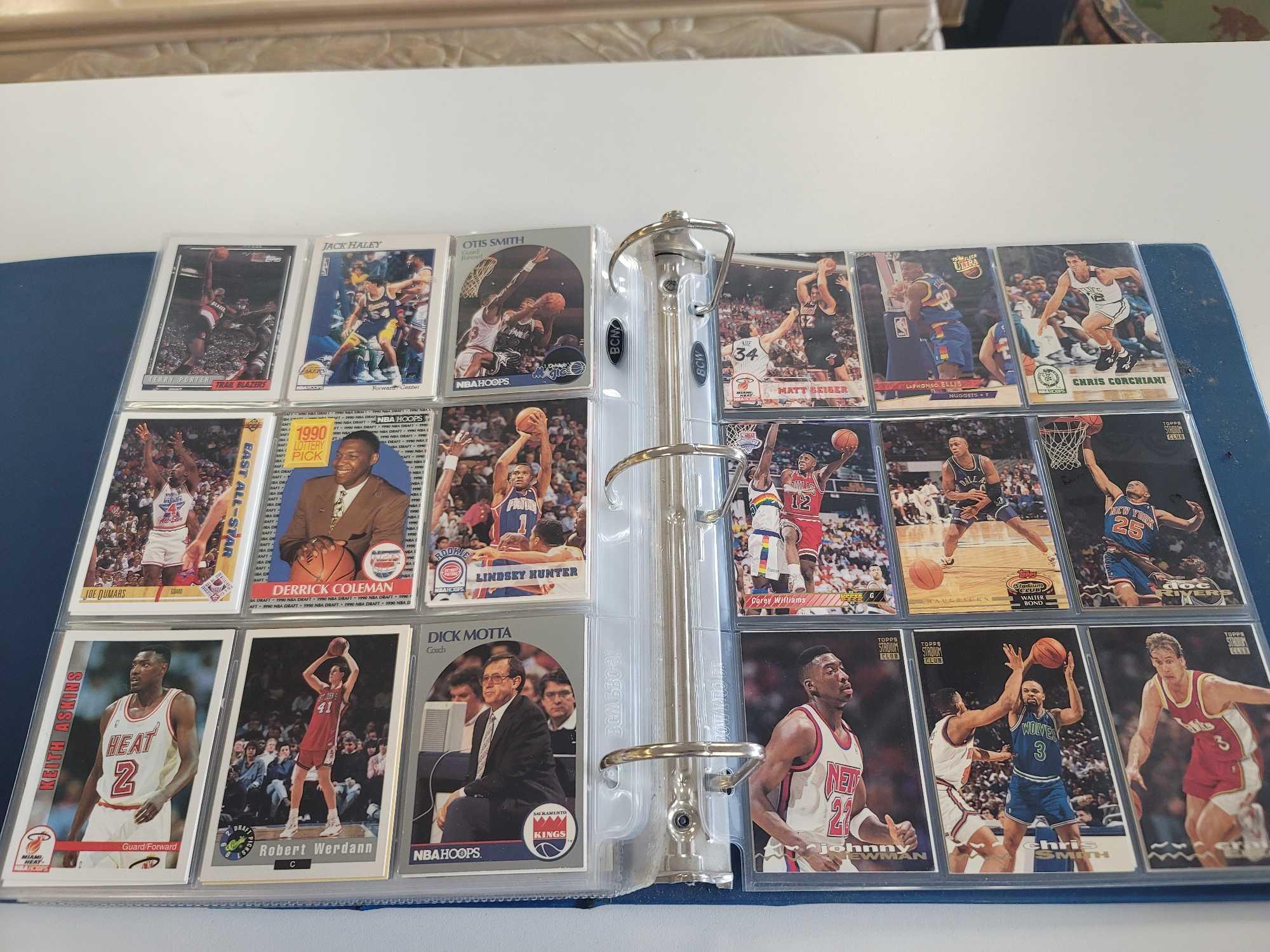 BLUE SPORTS CARD COLLECTION BINDER FILLED WITH ASSORTED BASKETBALL CARDS. INCLUDES PLAYERS SUCH AS: