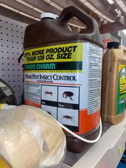 SHELF LOT OF ASSORTED ITEMS TO INCLUDE SUPPER 77 SPRAY ADHESIVE, ORANGE 5 GALLON BUCKET OF CLEANING