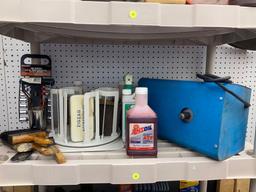 SHELF LOT OF ASSORTED ITEMS TO INCLUDE 16 PIECE 3/8 INCH DRIVE SOCKET SET S.A.E. AND METRIC, AMS OIL