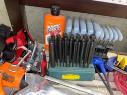 SHELF LOT OF ASSORTED TO INCLUDE AMES POCKET DIGITAL MULTIMETER NEW IN BOX, TRANSFER PUNCH SETS, AN