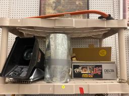 SHELF LOT OF ASSORTED TO INCLUDE COLEMAN BLACK CAT LIGHT, DELTA BOX OF NAILS, HAND BAHCO FORCE
