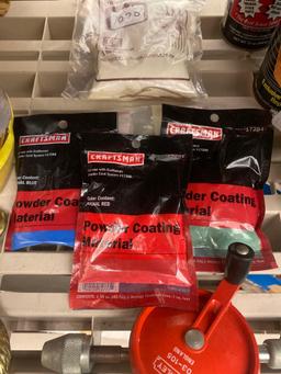 SHELF LOT OF ASSORTED TO INCLUDE CRAFTSMAN POWDER COATING MATERIAL IN COLORS RED BLUE AND GREEN,