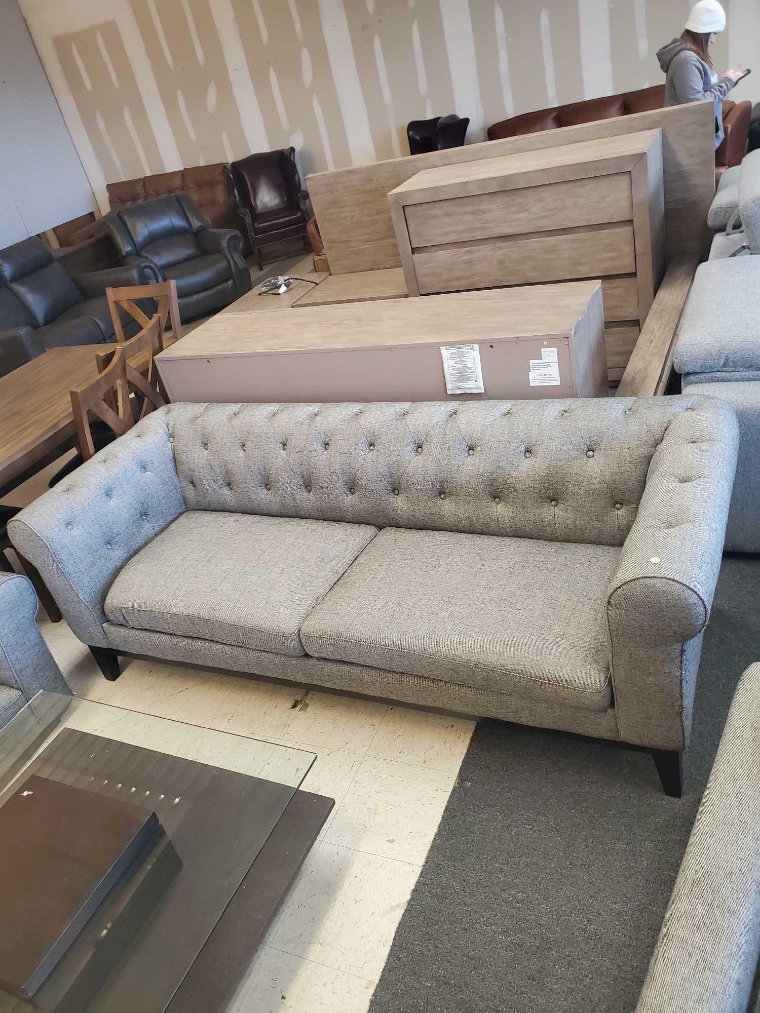 ABBYSON CECELIA FABRIC SOFA SKU: RX-6751-GRY-3 SALE PRICE$1,999.00 89"L 30"H 36"W HAS SOME LOOSE