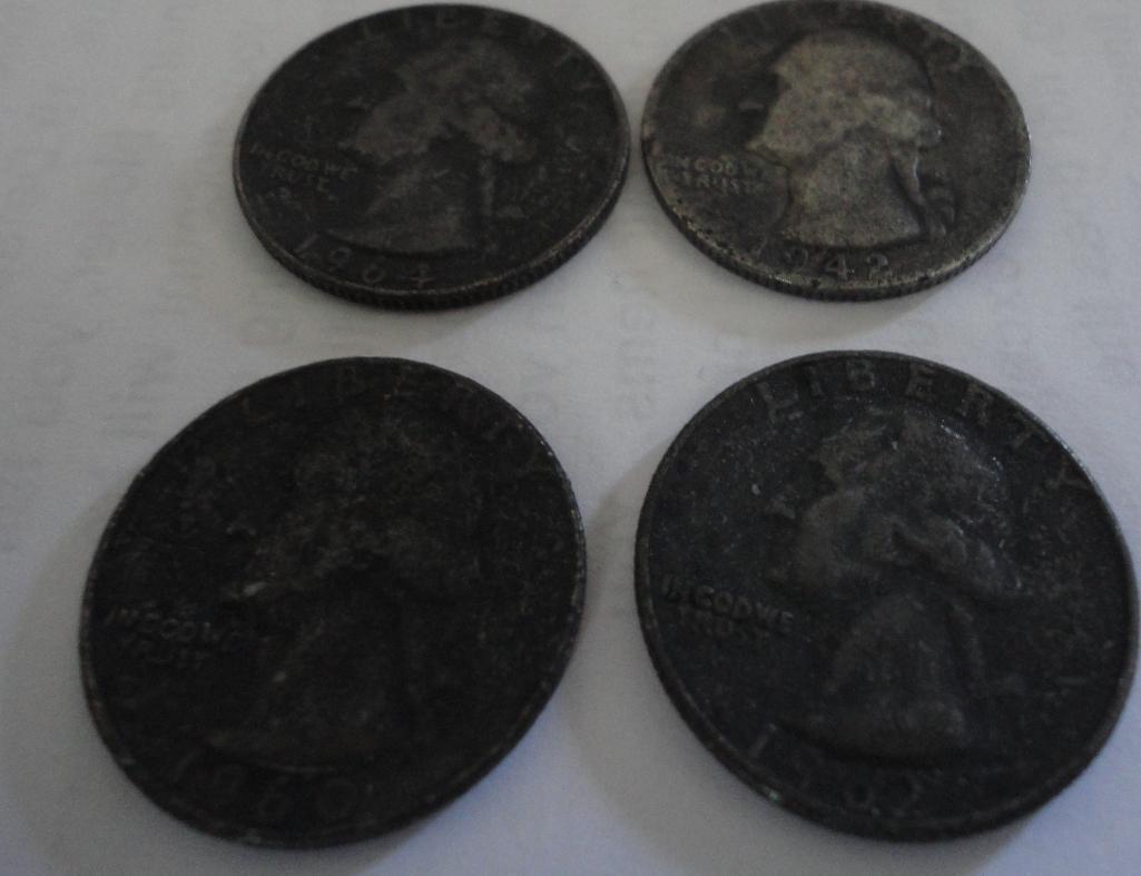 LOT OF 4 SILVER QUARTERS ? 1942, 1960, 1962, 1964 ALL ITEMS ARE SOLD AS IS, WHERE IS, WITH NO