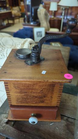 ANTIQUE WOODEN COFFEE GRINDER. MEASURES APPROX 6.5" x 6.5" x 6.75"