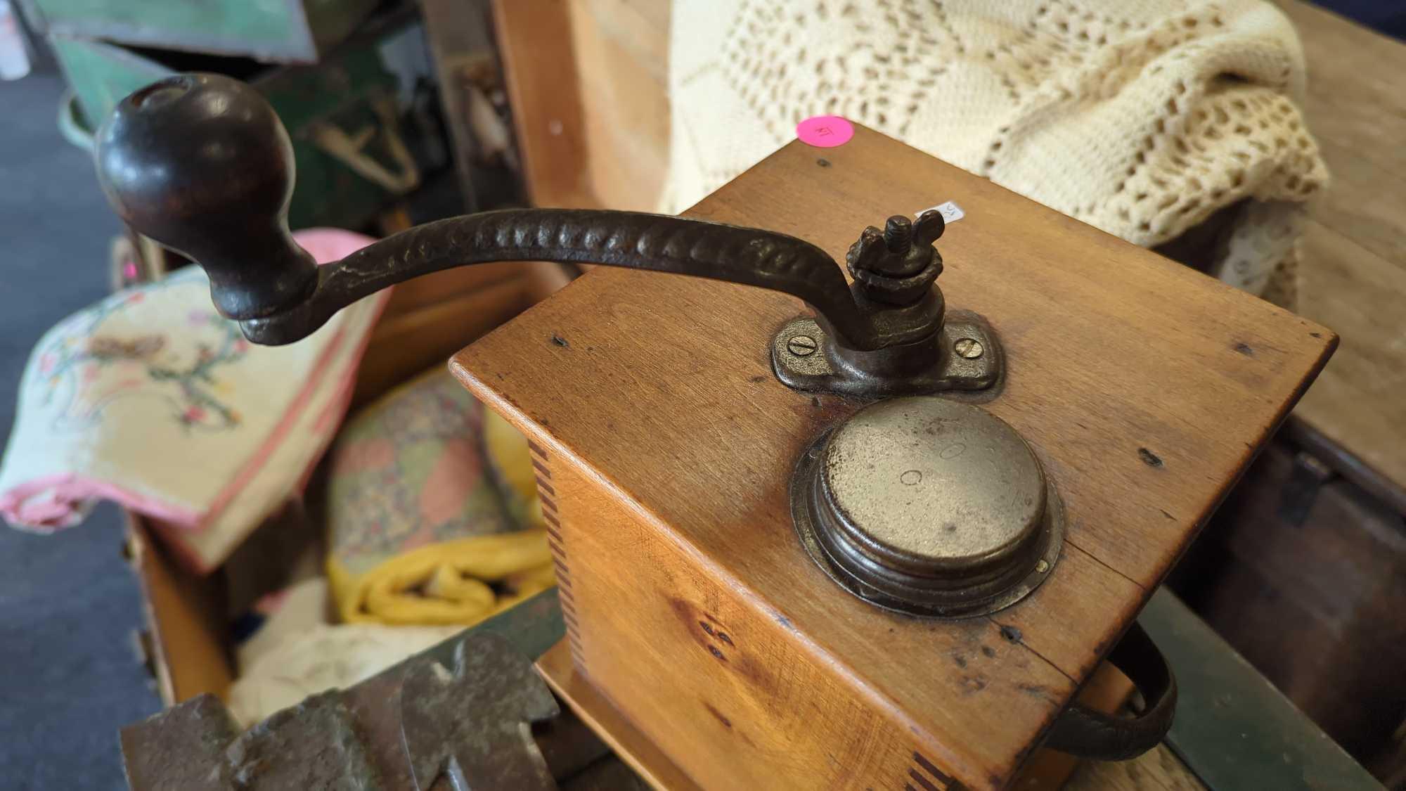 ANTIQUE WOODEN COFFEE GRINDER. MEASURES APPROX 6.5" x 6.5" x 6.75"