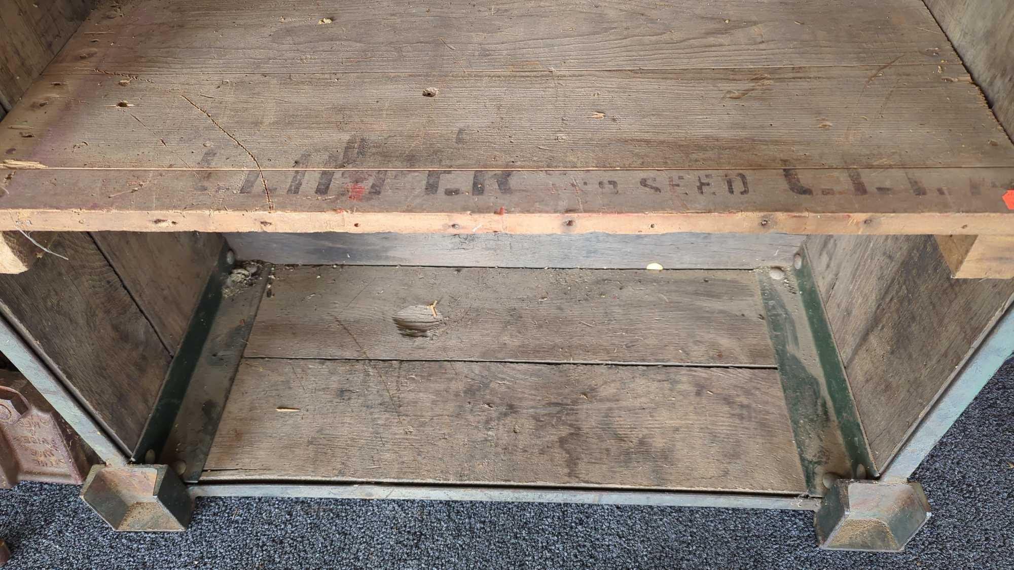 EARLY STYLE WOOD AND METAL STORE PRODUCE DISPLAY BIN WITH SEPERATED DIVIDERS, BIN HAS SOME RUSTING