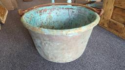 LARGE EARLY STYLE METAL AND IRON VESSEL UNSURE IF IT IS COPPER DUE TO THE PAINT MEASURES
