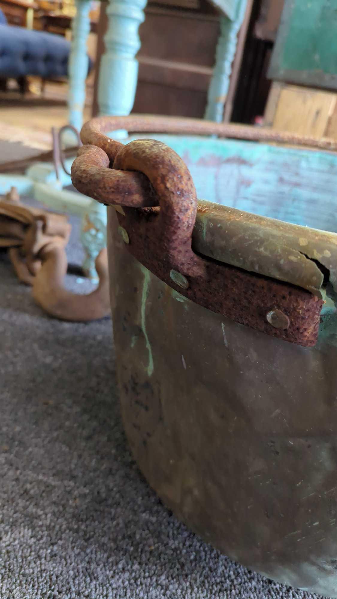 LARGE EARLY STYLE METAL AND IRON VESSEL UNSURE IF IT IS COPPER DUE TO THE PAINT MEASURES