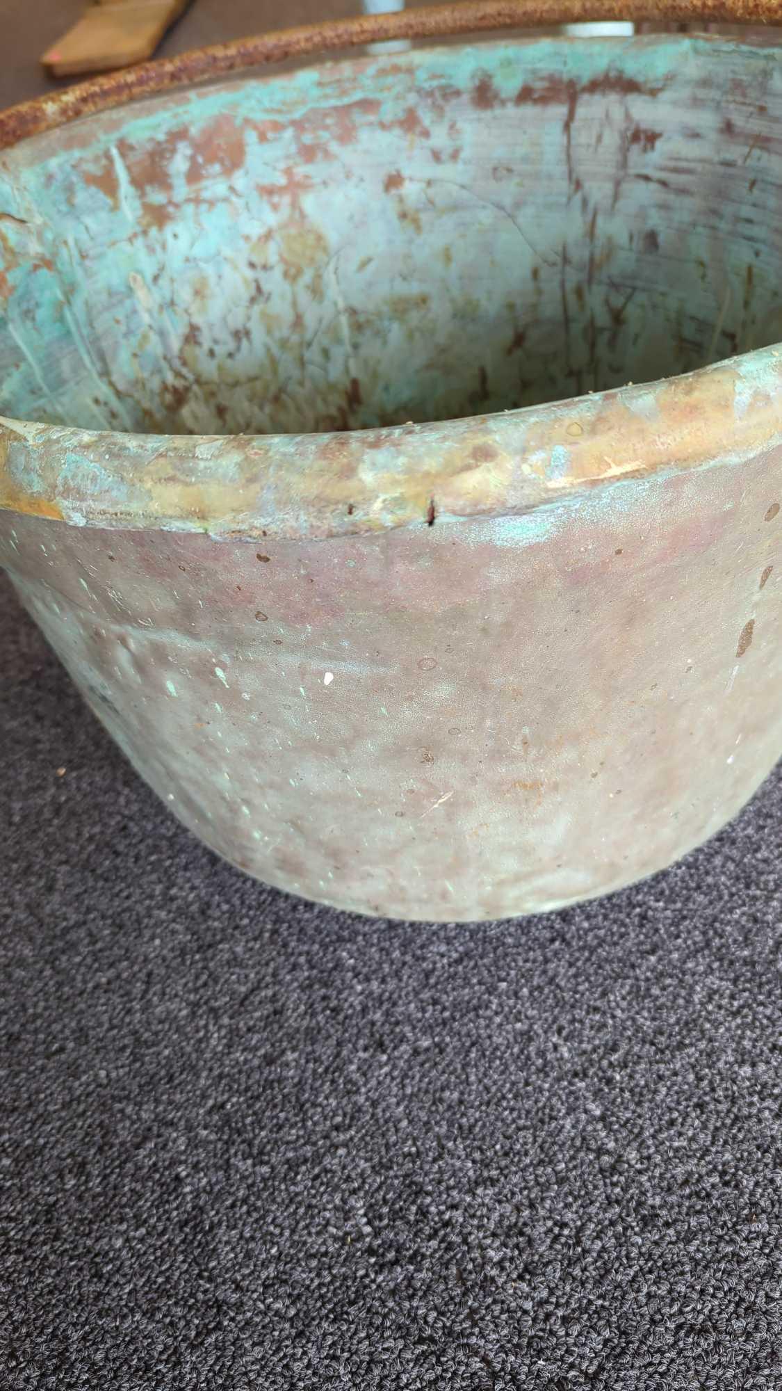 LARGE EARLY STYLE METAL AND IRON VESSEL UNSURE IF IT IS COPPER DUE TO THE PAINT MEASURES