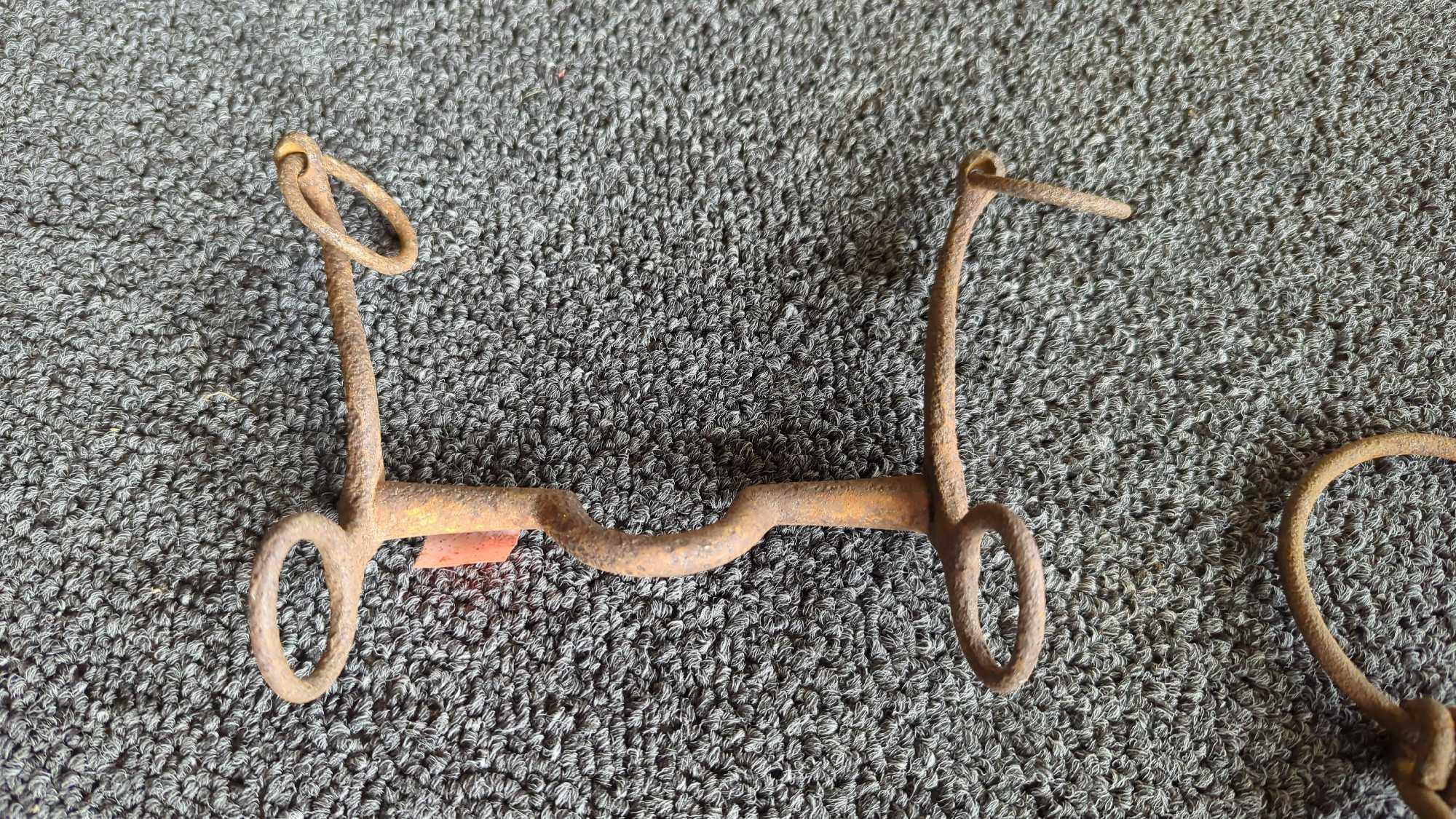 LOT OF ASSORTED EARLY STYLE HORSE SHOES AND HORSE BITS