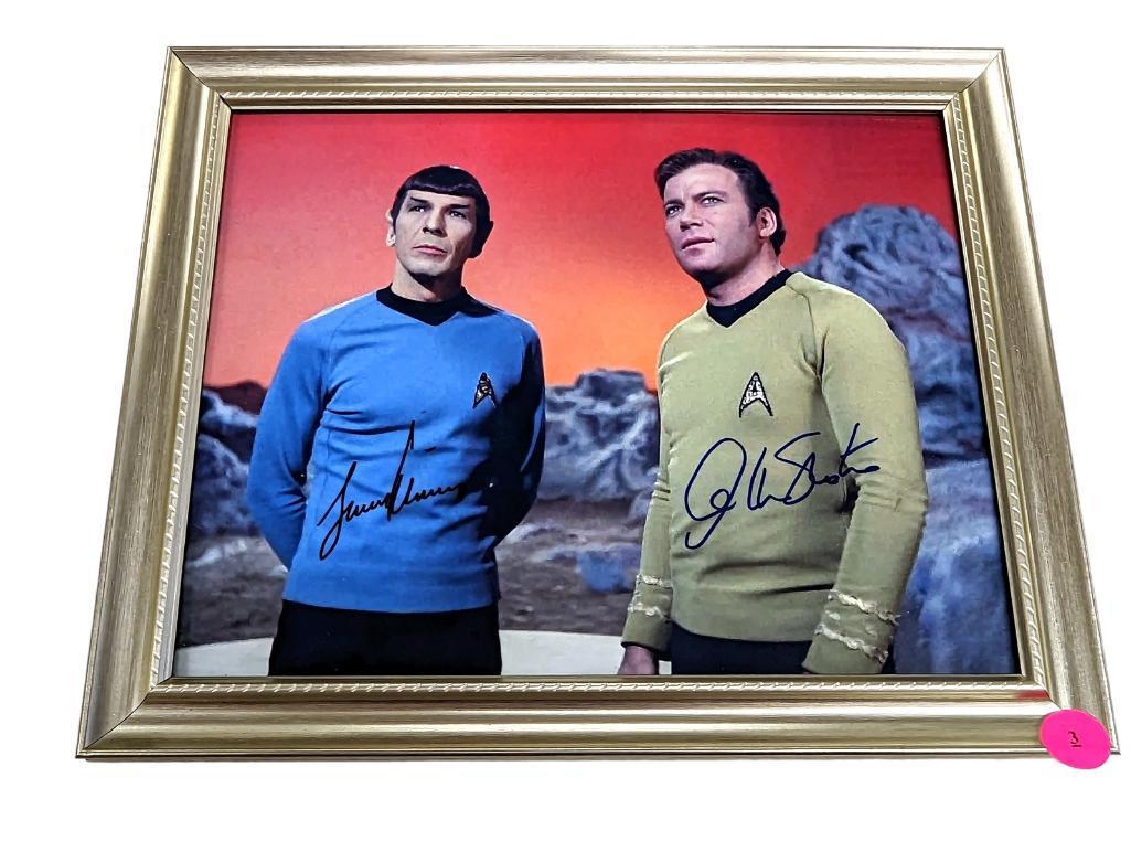 FRAMED & AUTOGRAPHED PHOTO OF STAR TREK CAST MEMBERS WILLIAM SHATNER & LEONARD NIMOY. DISPLAYED IN A