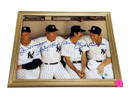 FRAMED & AUTOGRAPHED PHOTO OF JOE DIMAGGIO, WHITEY FORD, BILLY MARTIN & MICKEY MANTLE. DISPLAYED IN